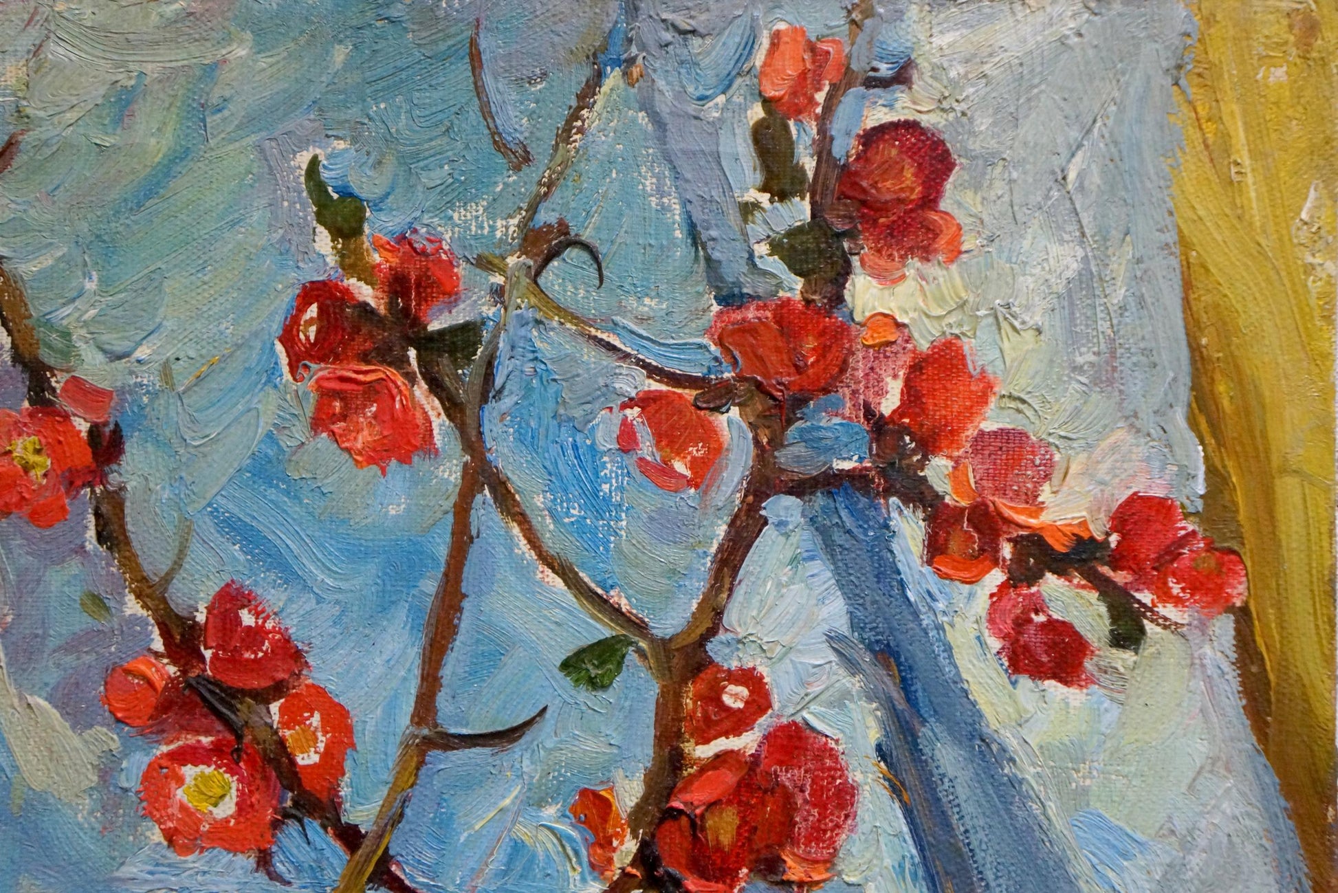 Oil painting of vibrant red autumn flowers by Ostanniy Galina Afanasevna