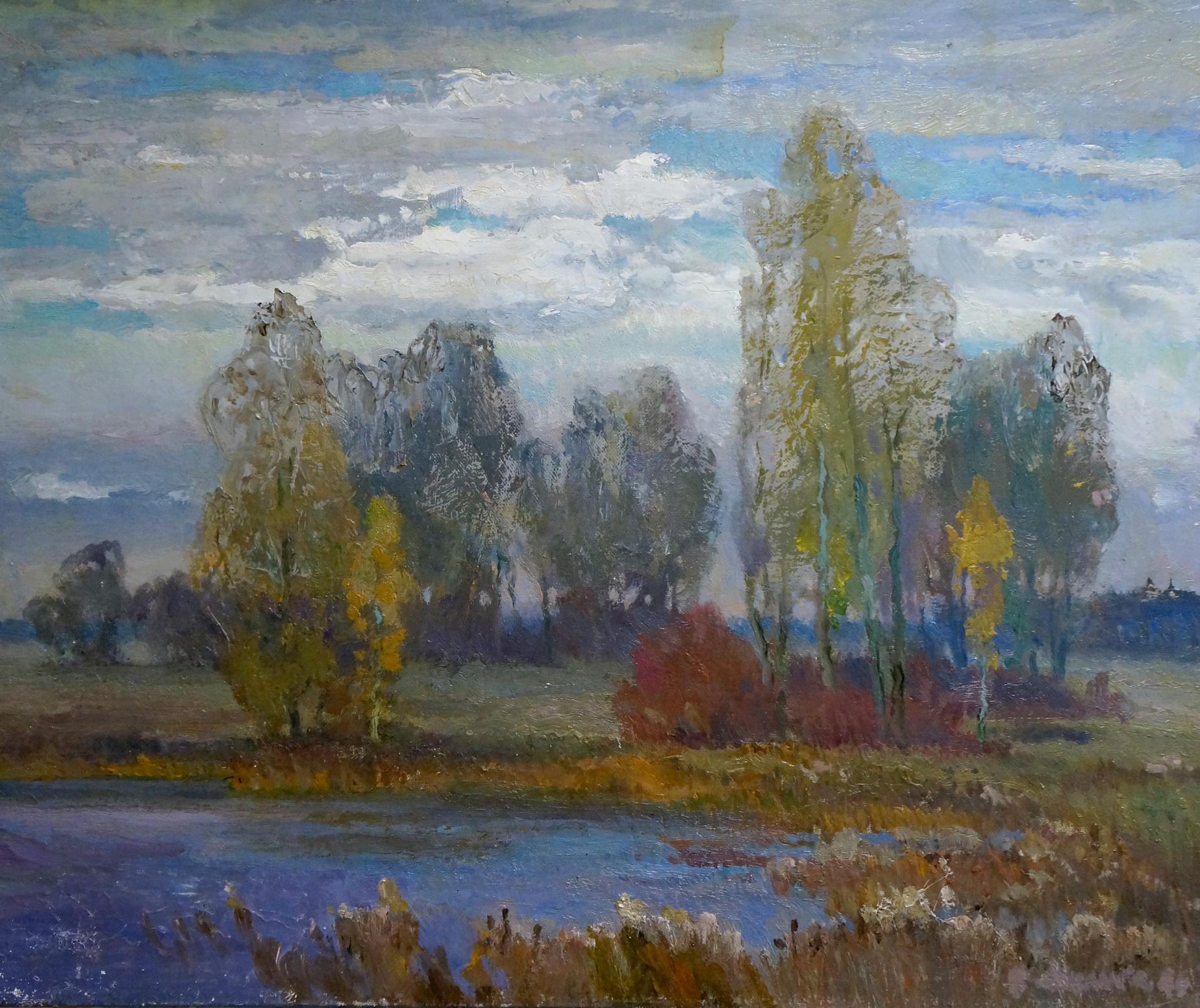 Oil painting River Amidst Fall Foliage by Alexander Mynka, autumn trees by river