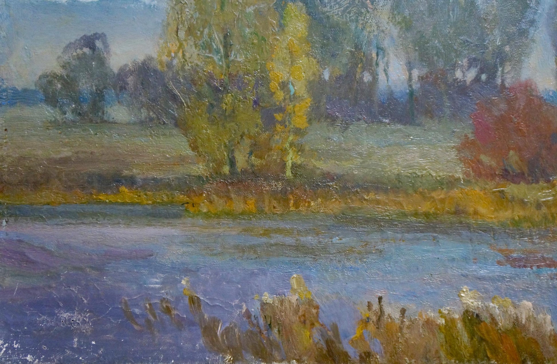 Oil painting River Amidst Fall Foliage by Alexander Mynka, autumn trees in blue water