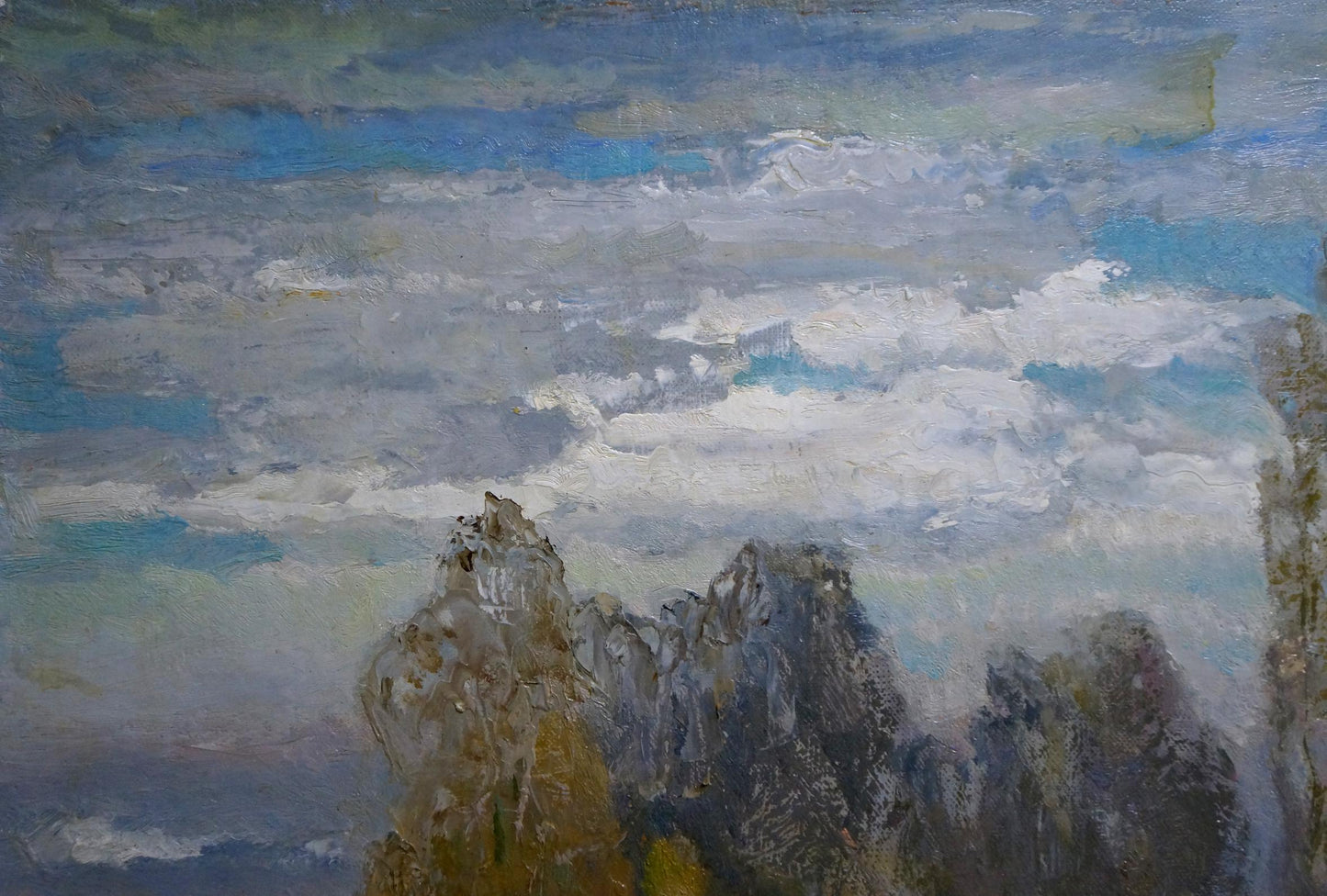 Oil painting of rocky peaks and river in fall foliage by Alexander Mynka