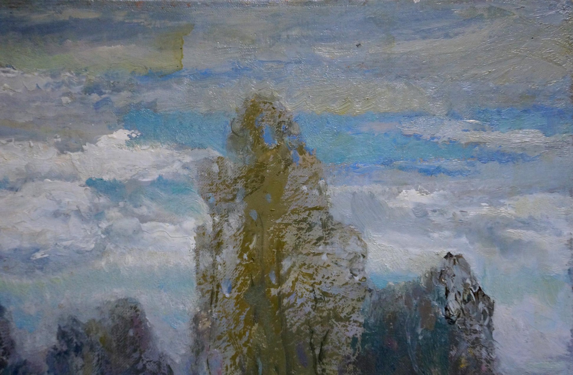 Oil painting of rocky cliff by Alexander Mynka in muted earth tones