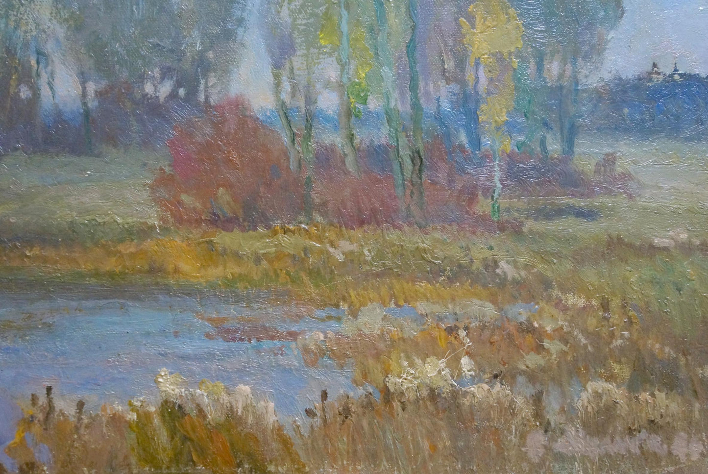 Oil painting River Amidst Fall Foliage by Alexander Mynka, serene autumn landscape