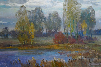Oil painting of river amidst fall foliage by Alexander Mynka