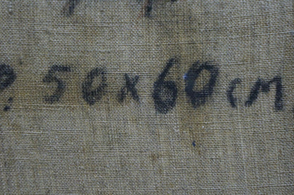 Back of Alexander Mynka oil painting with faded handwritten text on fabric