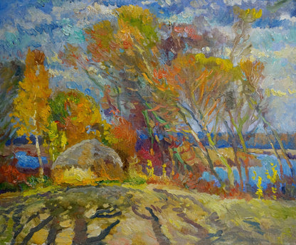 Vibrant impressionist oil painting End of summer with autumn trees in bold hues