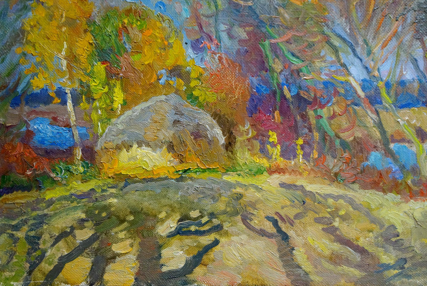 Oil painting End of summer: rustic thatched hut amid vibrant autumn trees