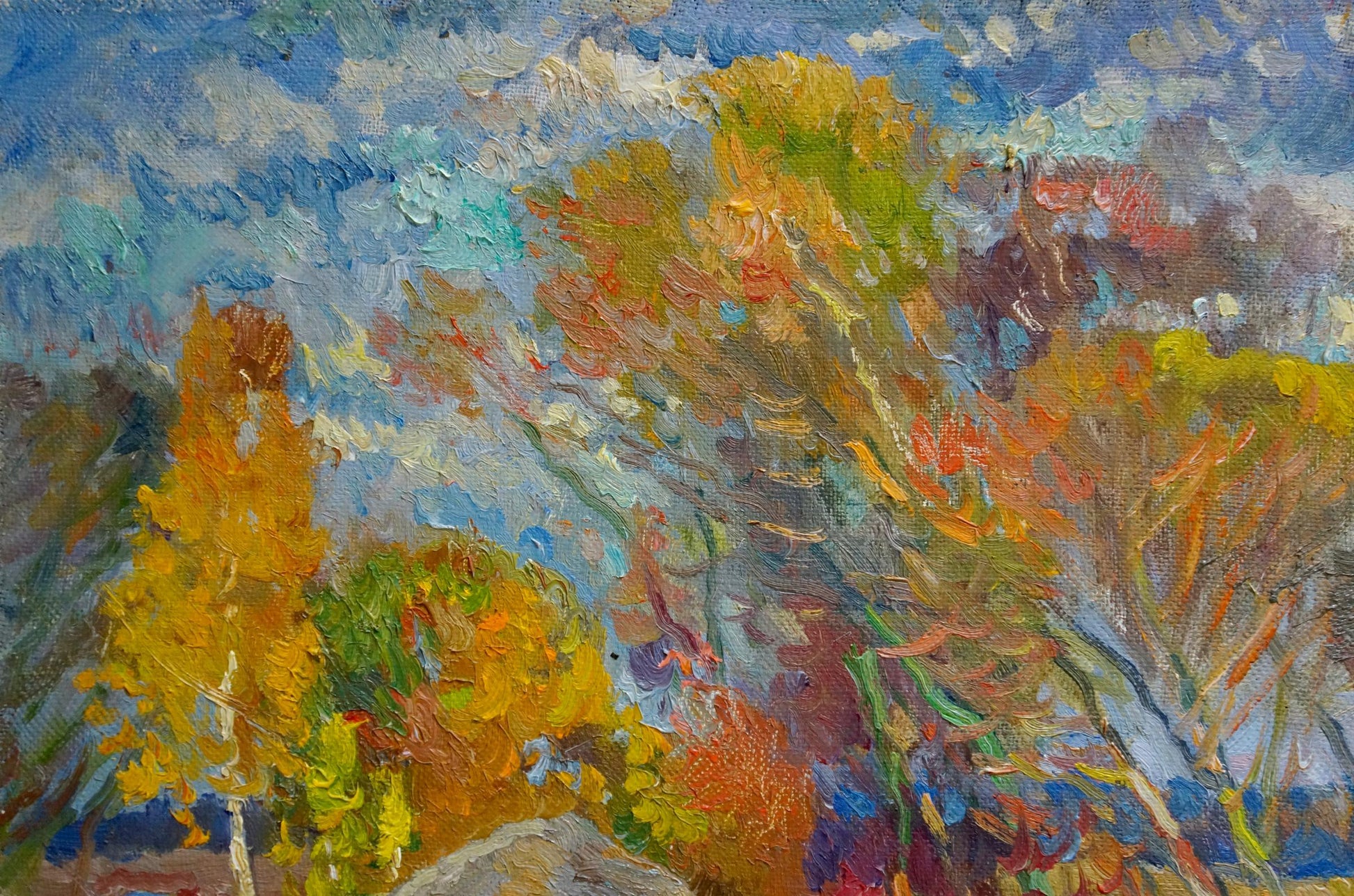 Vibrant impressionist oil painting End of summer with autumn trees in gold hues