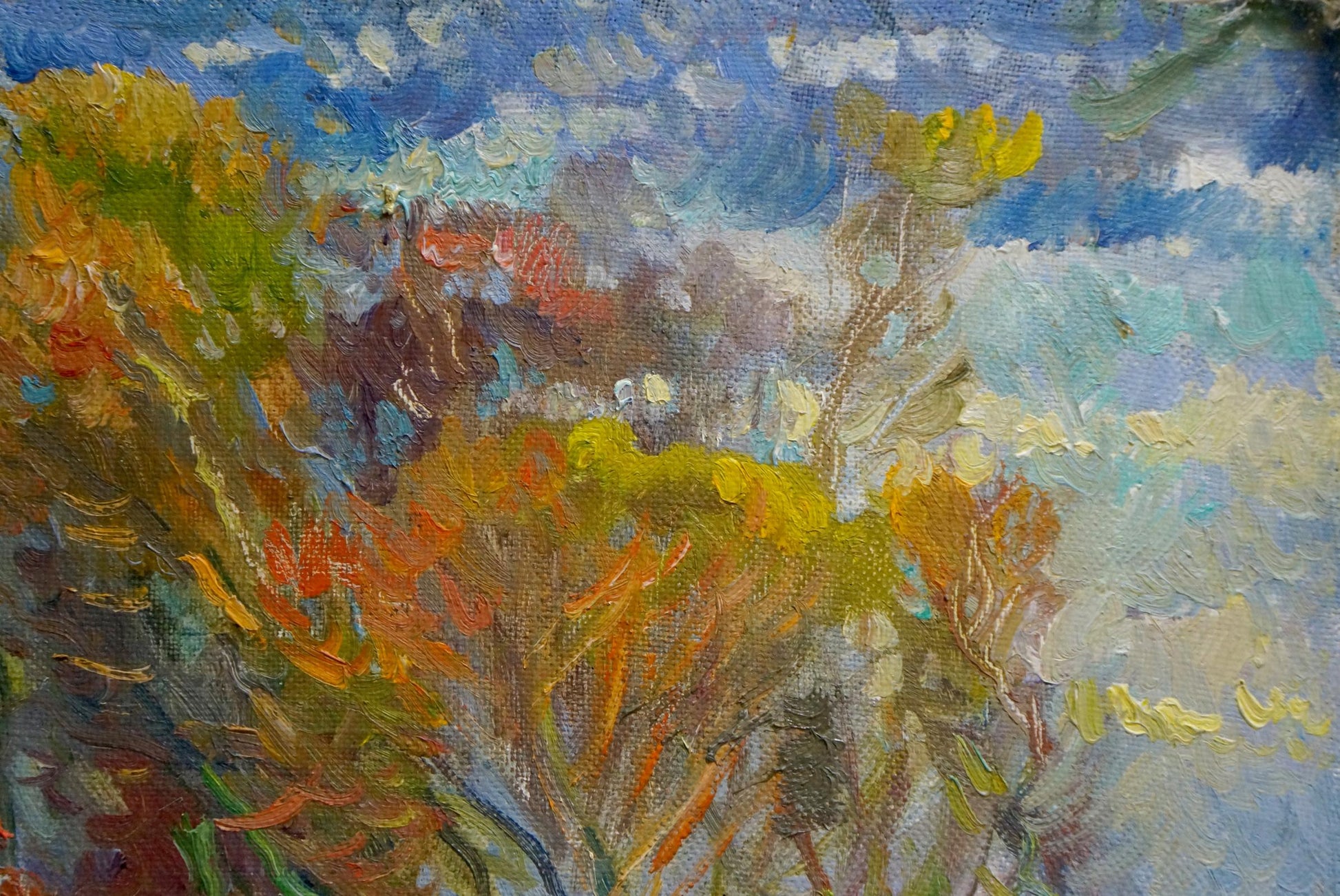 Vibrant impressionist oil painting End of summer with autumn foliage and blue sky