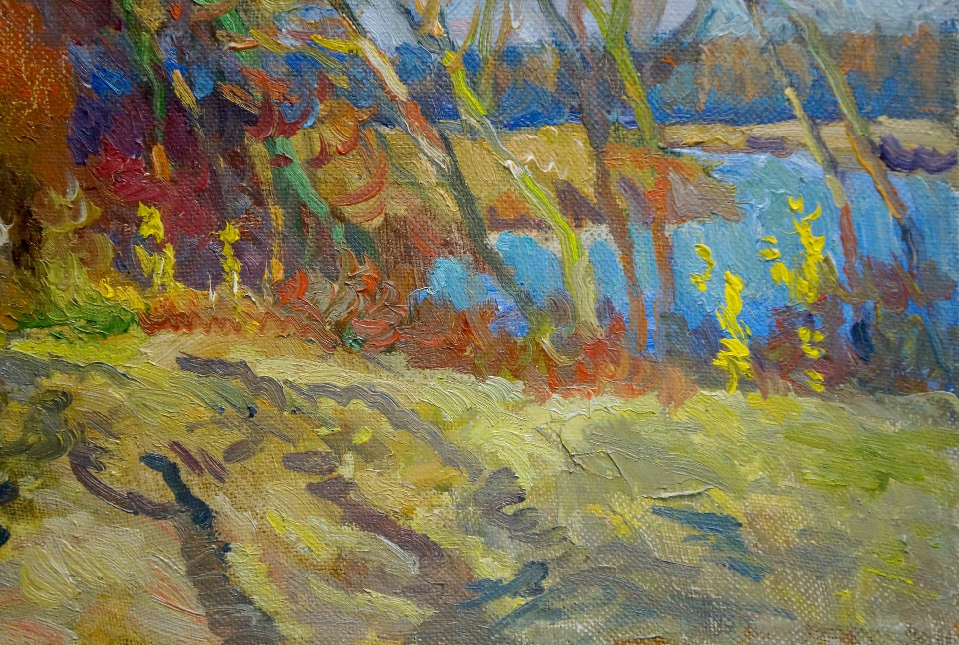 Vibrant impressionist oil painting End of summer autumn landscape in reds and yellows
