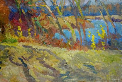Vibrant impressionist oil painting End of summer autumn landscape in reds and yellows
