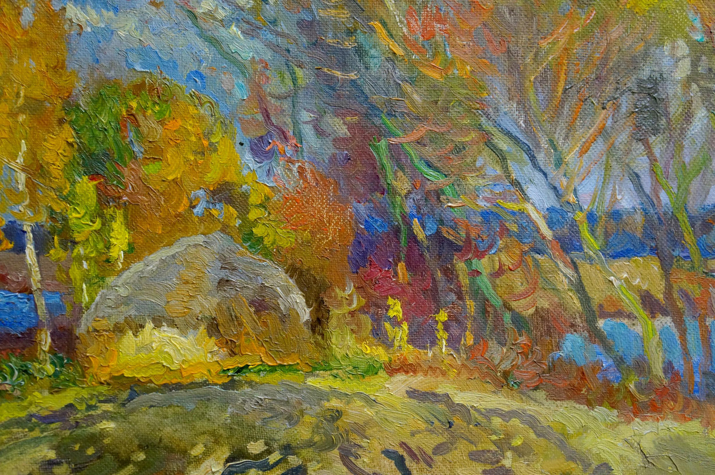 Oil painting End of summer: textured rocky landscape with vibrant autumn trees