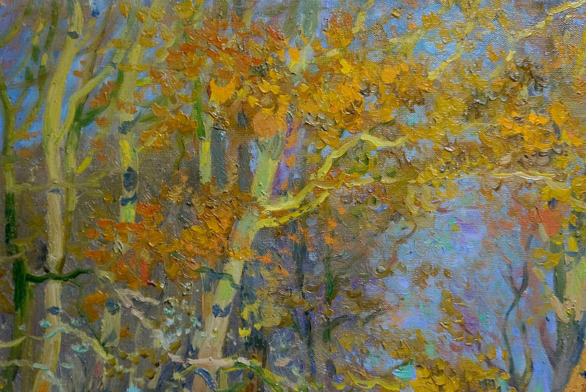 Vibrant impressionist oil painting of gold autumn trees by Mynka Alexander Fedorovich