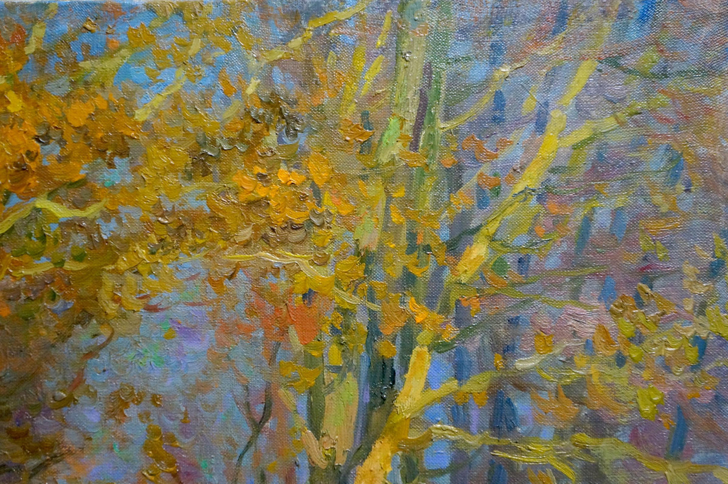 Oil painting Gold autumn by Mynka Alexander Fedorovich, vibrant leaves on blue sky