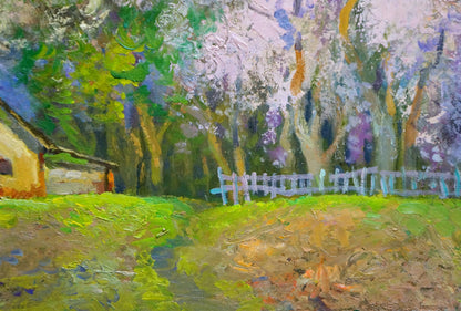 Vibrant impressionist oil painting by Mynka Alexander Fedorovich: yellow house, green trees, purple blossoms, white fence