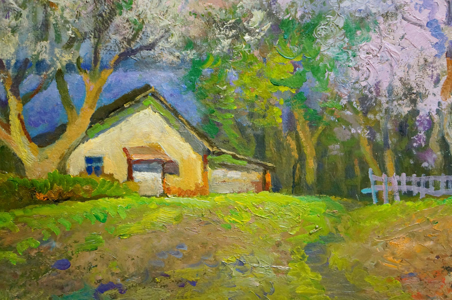 Oil painting of rustic off-white cottage amid blooming trees by Mynka Alexander Fedorovich