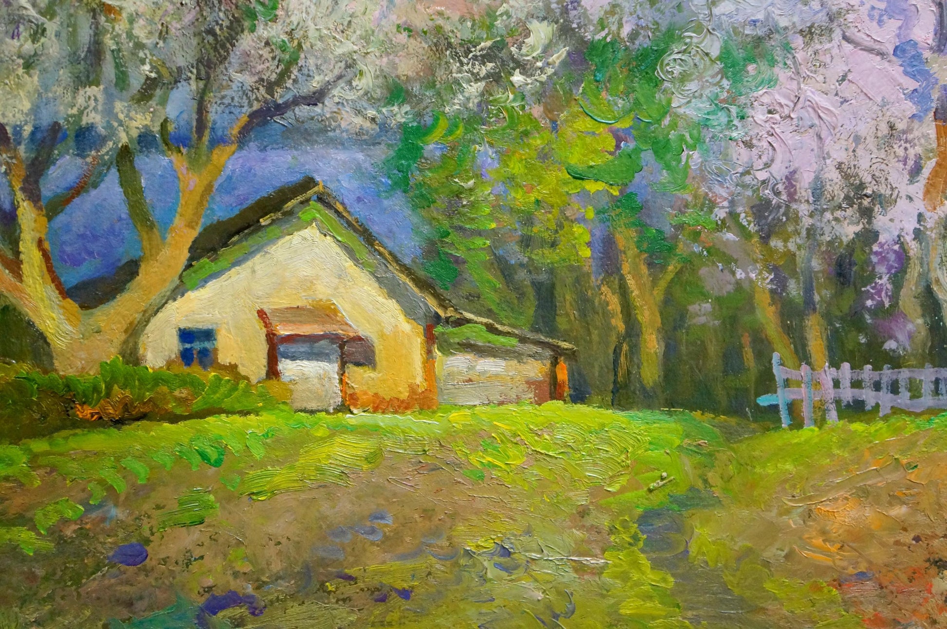 Oil painting of rustic off-white cottage amid blooming trees by Mynka Alexander Fedorovich