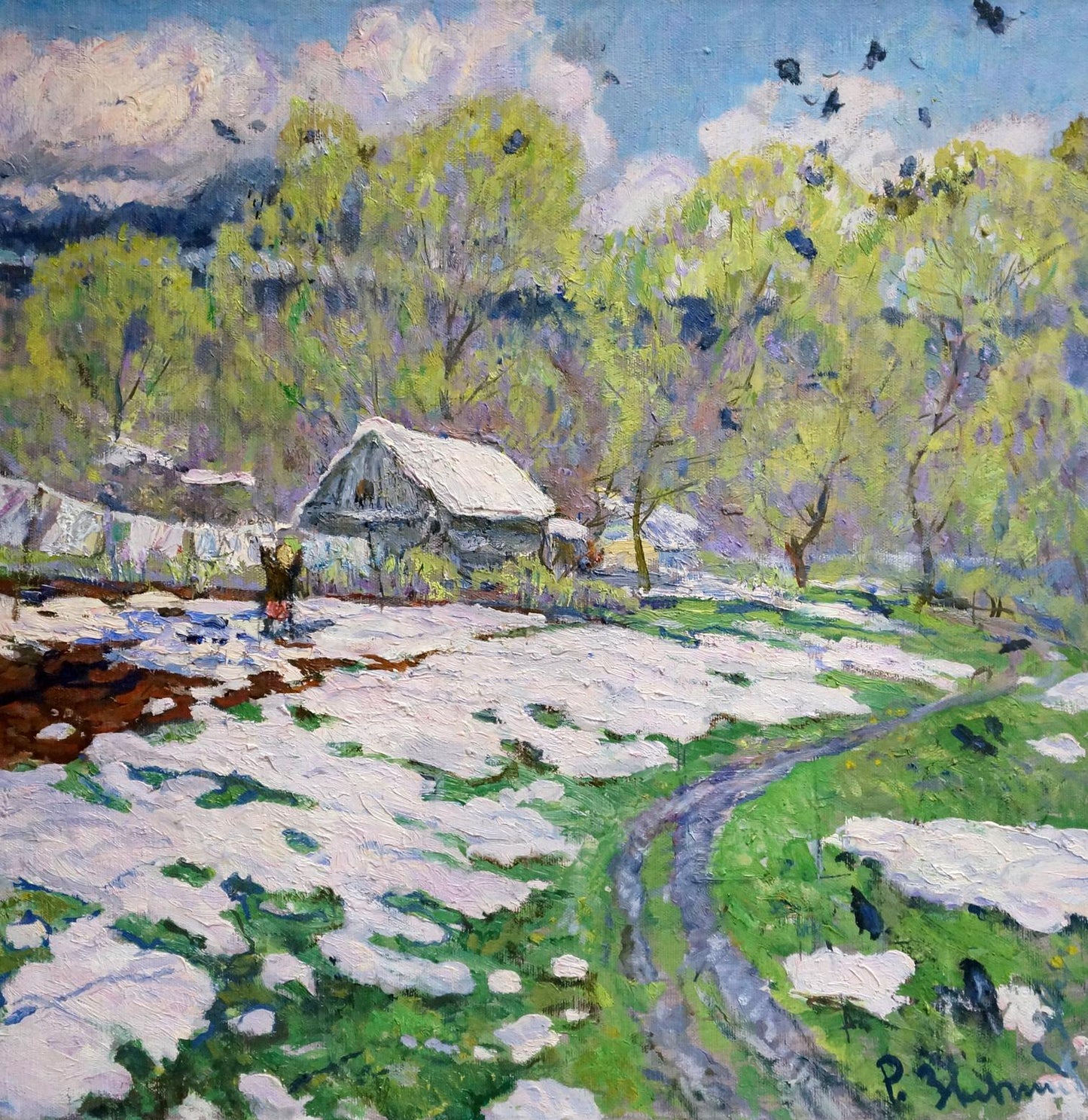 Oil painting End of winter by Zvyagintsev Rostislav Mikhailovich: rustic cabin in snowy woods