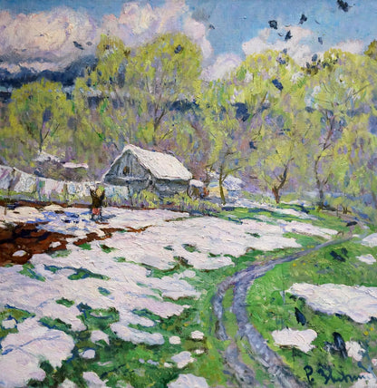Oil painting End of winter by Zvyagintsev Rostislav Mikhailovich: rustic cabin in snowy woods