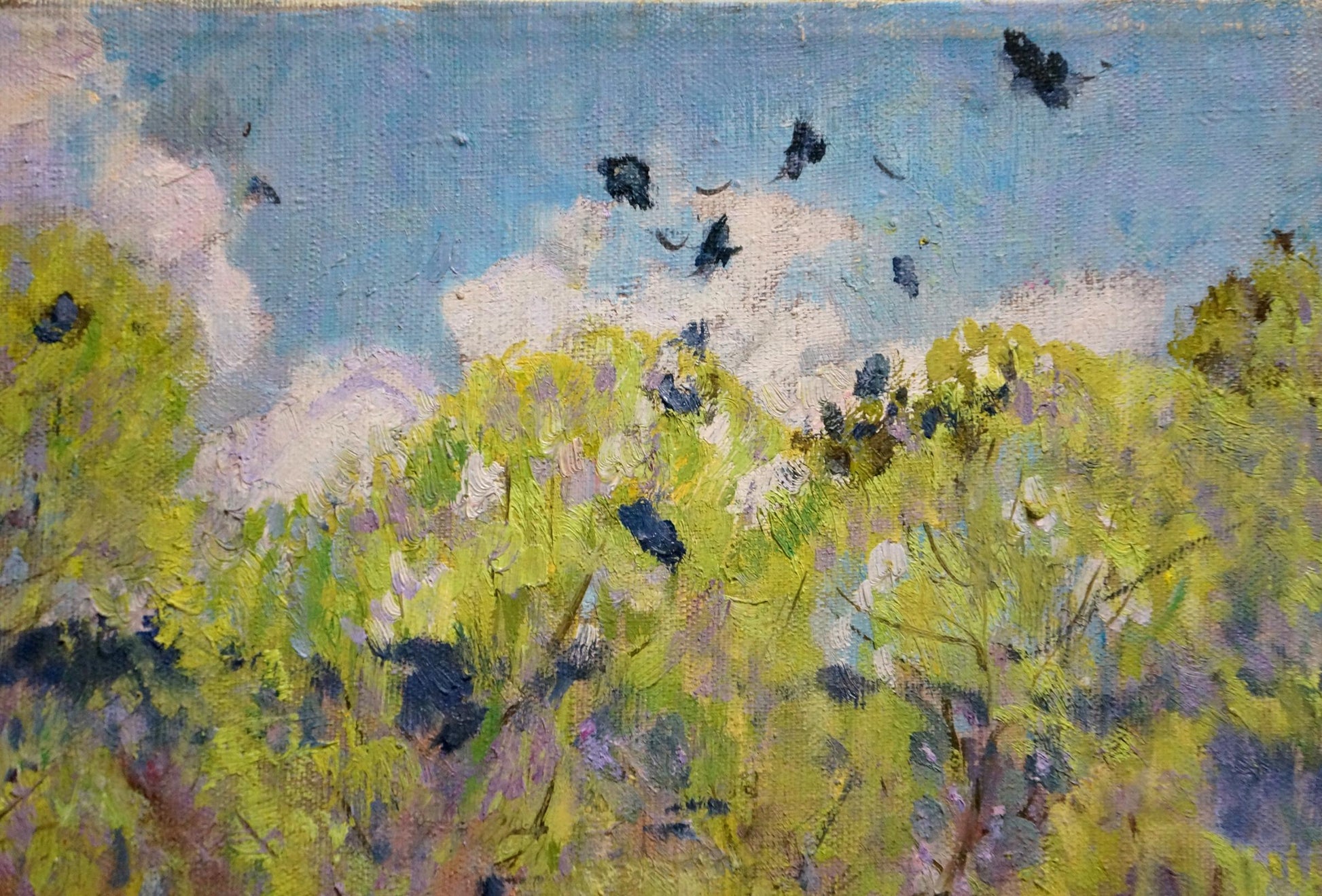 Oil painting End of Winter by Zvyagintsev Rostislav Mikhailovich, vibrant green foliage under blue sky