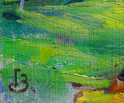 Vibrant green yellow oil painting of Zakharyan Gurgen Arutyunovich village landscape