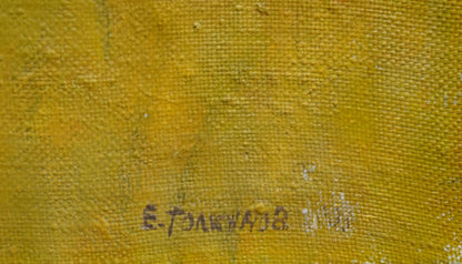 Back of yellow textured canvas oil painting Portrait of a female figure by Tolkunov Egor Egorovich with dark ink signature