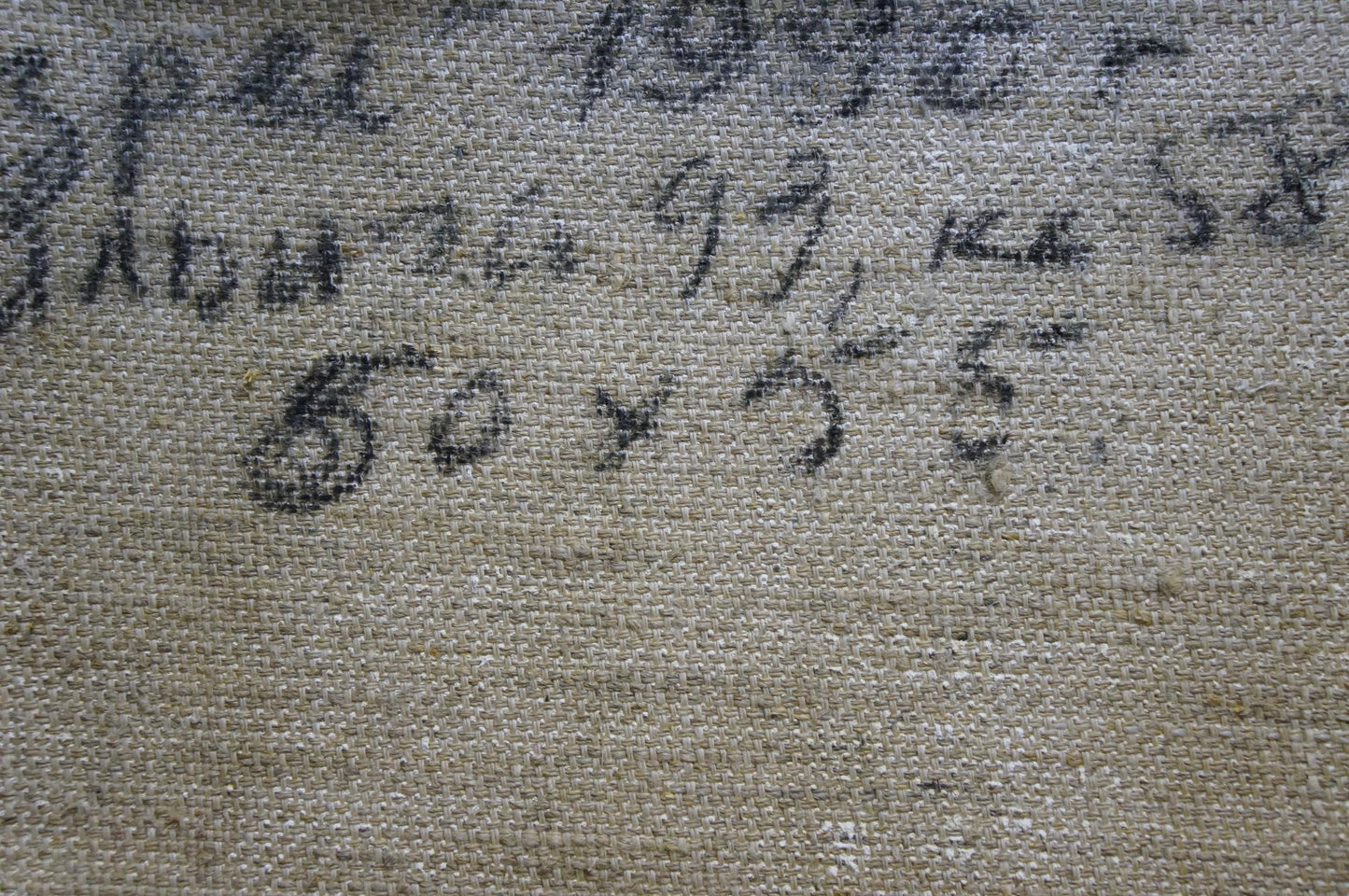 Back of Tolkunov Egor Egorovich oil portrait canvas with faded handwritten markings