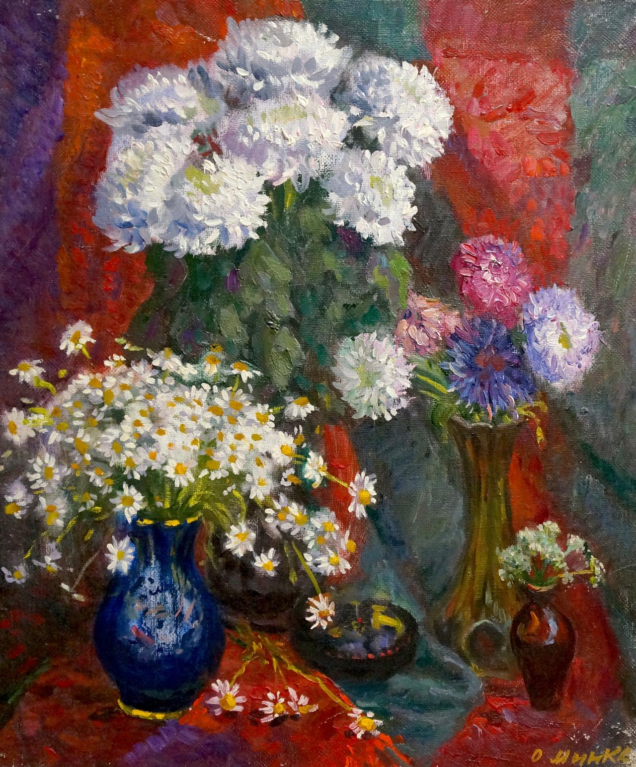 Oil painting of blue vase with white chrysanthemums by Mynka Alexander Fedorovich