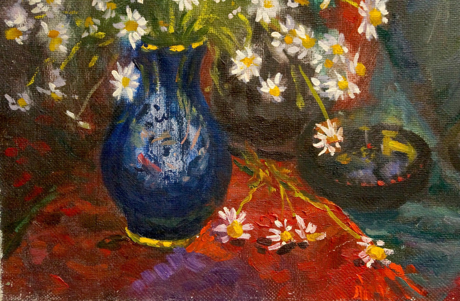 Oil painting of vibrant blue vase with white daisies by Mynka Alexander Fedorovich