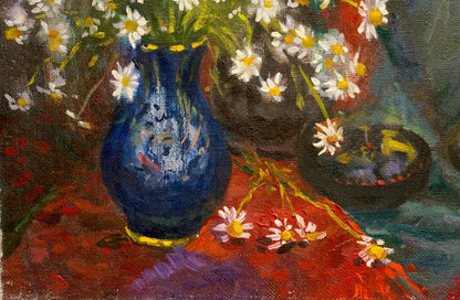 Oil painting of vibrant blue vase with white daisies by Mynka Alexander Fedorovich