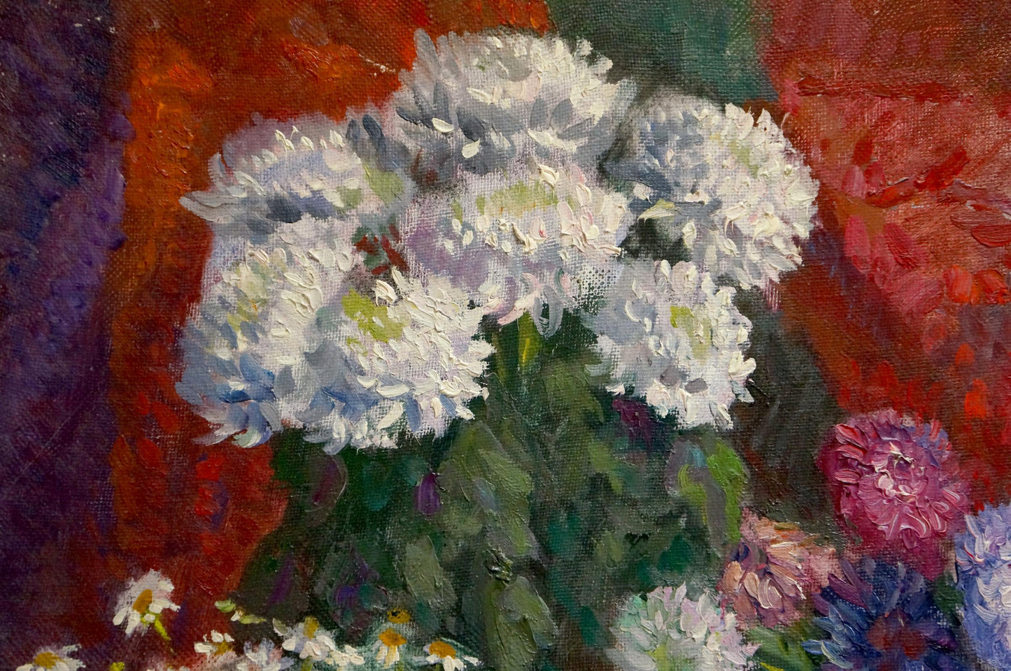 Oil painting of white chrysanthemum bouquet by Mynka Alexander Fedorovich
