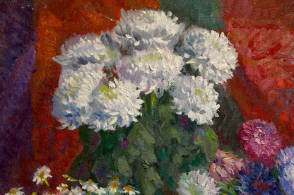 Oil painting of white chrysanthemum bouquet by Mynka Alexander Fedorovich