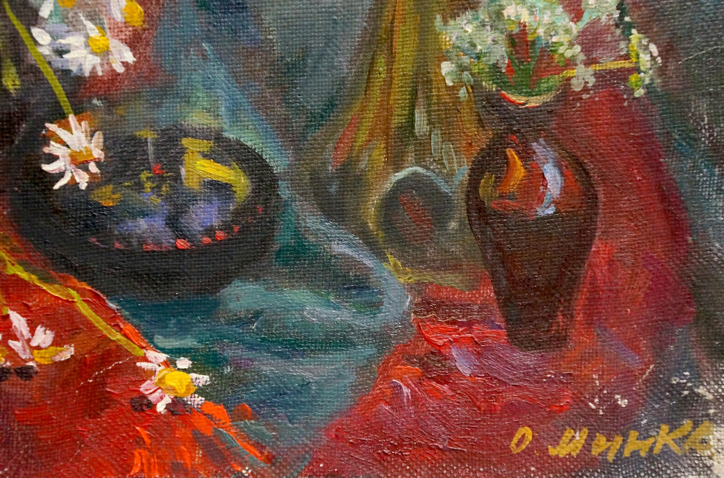Oil painting of bouquet in glossy dark brown ceramic vase by Mynka Alexander Fedorovich
