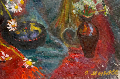 Oil painting of bouquet in glossy dark brown ceramic vase by Mynka Alexander Fedorovich
