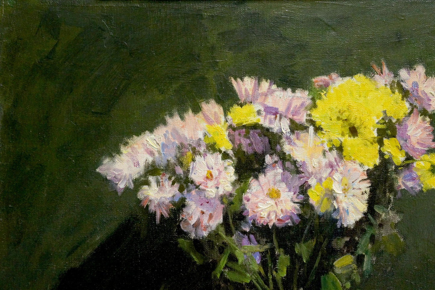 Oil painting Chrysanthemums by Evgeny Vechtomov vibrant pink purple yellow bouquet