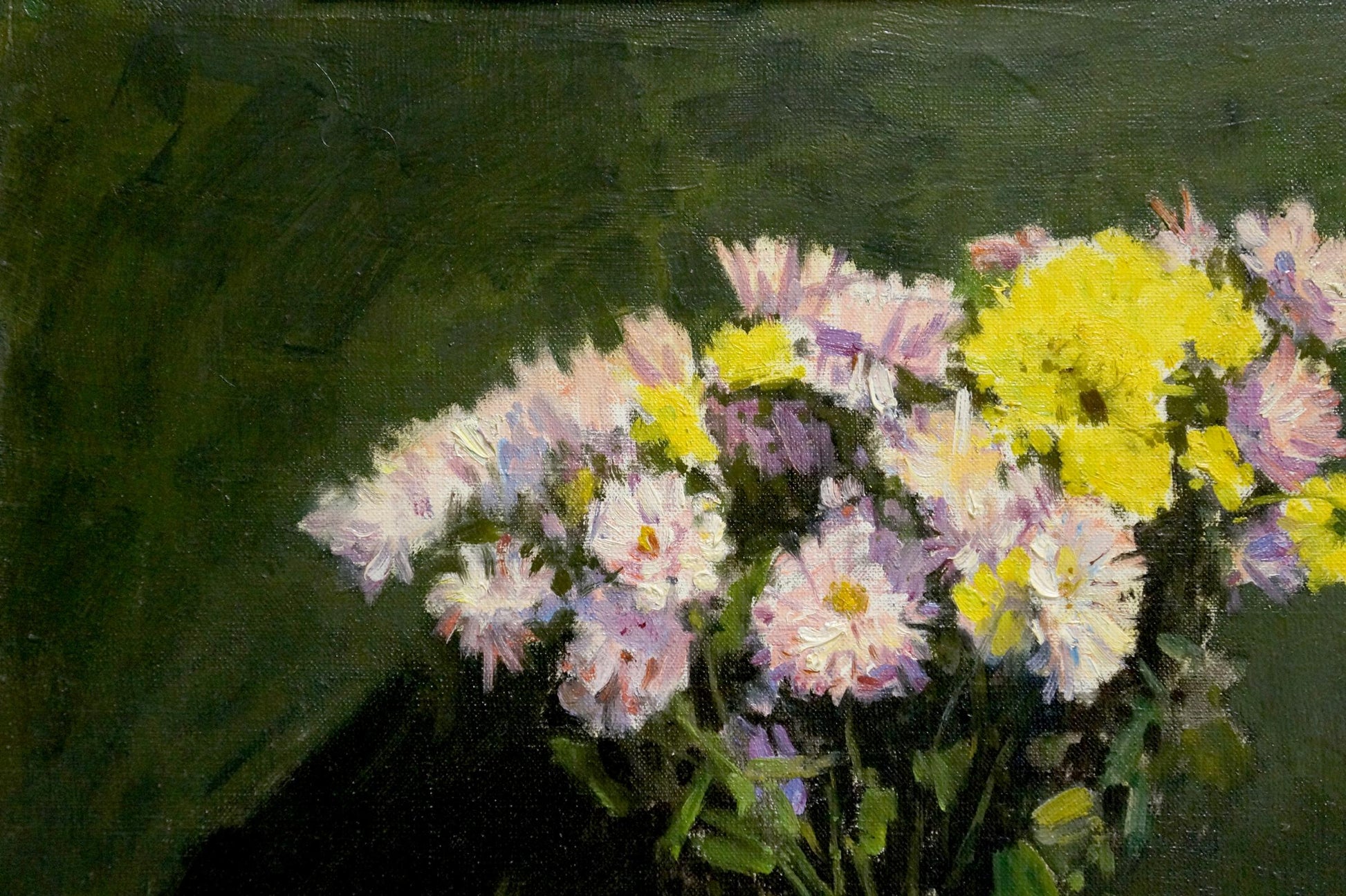 Oil painting Chrysanthemums by Evgeny Vechtomov vibrant pink purple yellow bouquet