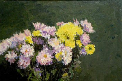 Oil painting Chrysanthemums by Evgeny Vechtomov vibrant pink lavender yellow bouquet