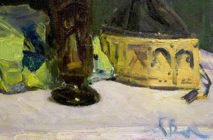 Oil painting Chrysanthemums by Evgeny Vechtomov in ornate golden box