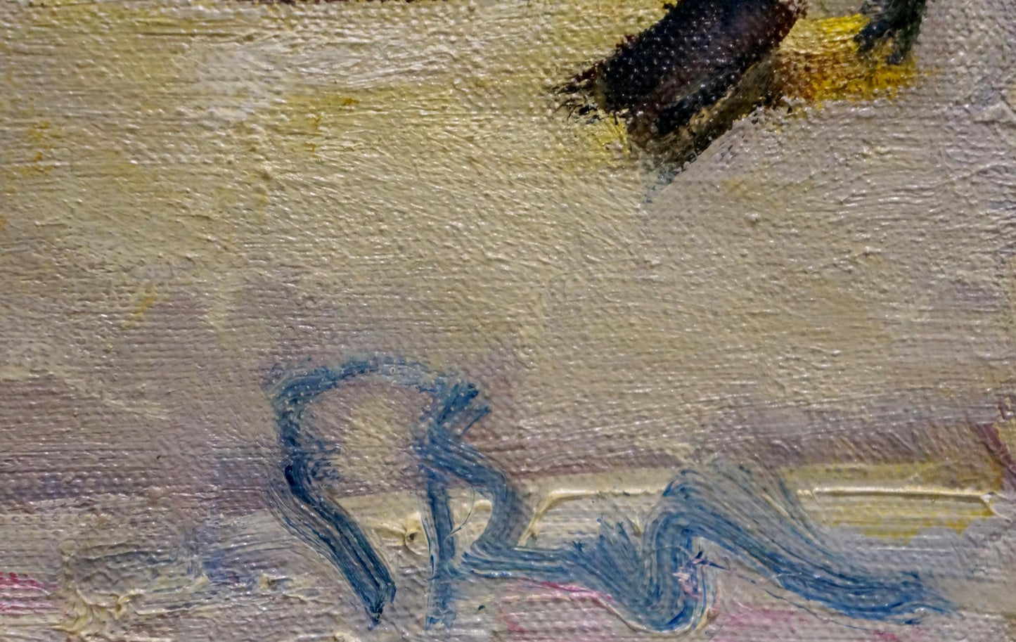 Back of oil painting Chrysanthemums by Evgeny Vechtomov with blue signature on textured canvas