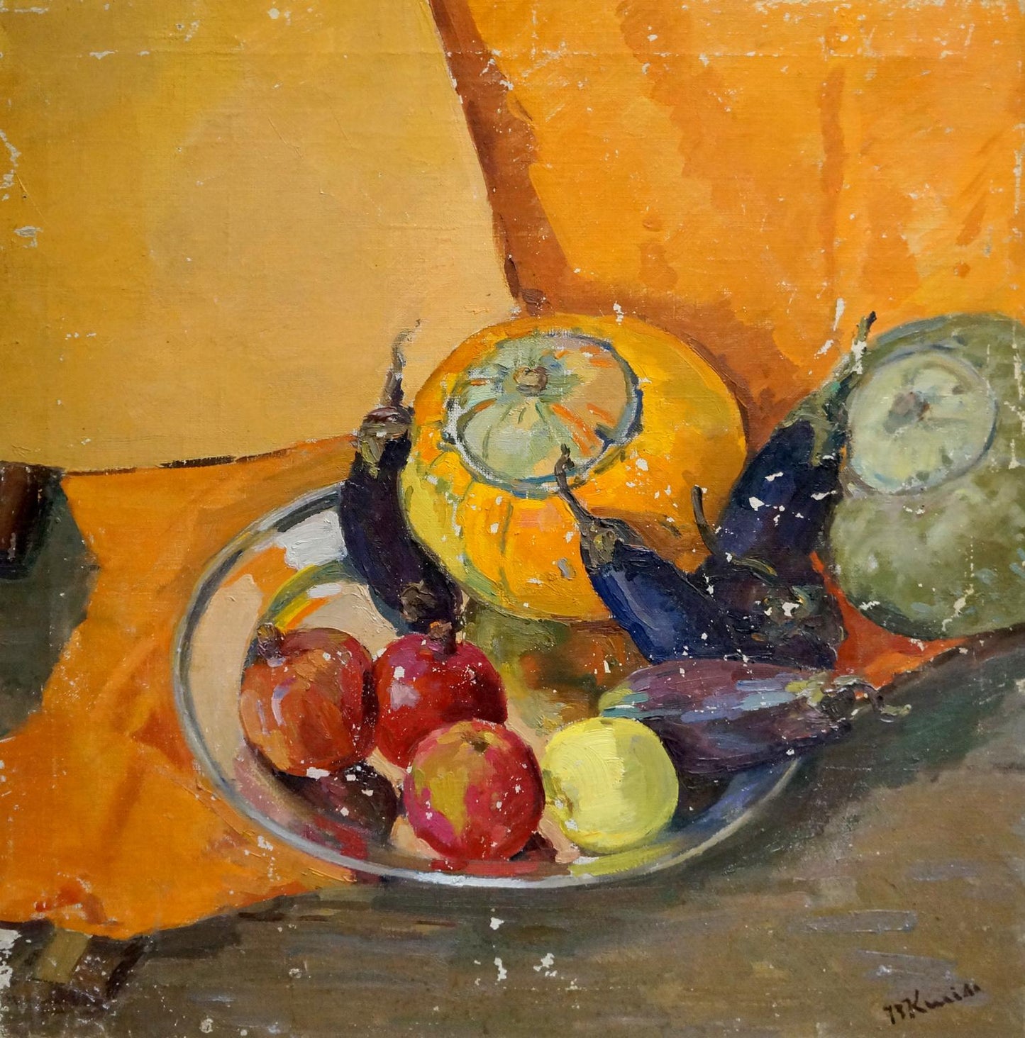 Oil painting by Kisil Grigory Alekseevich of white bowl with colorful harvest fruits and vegetables