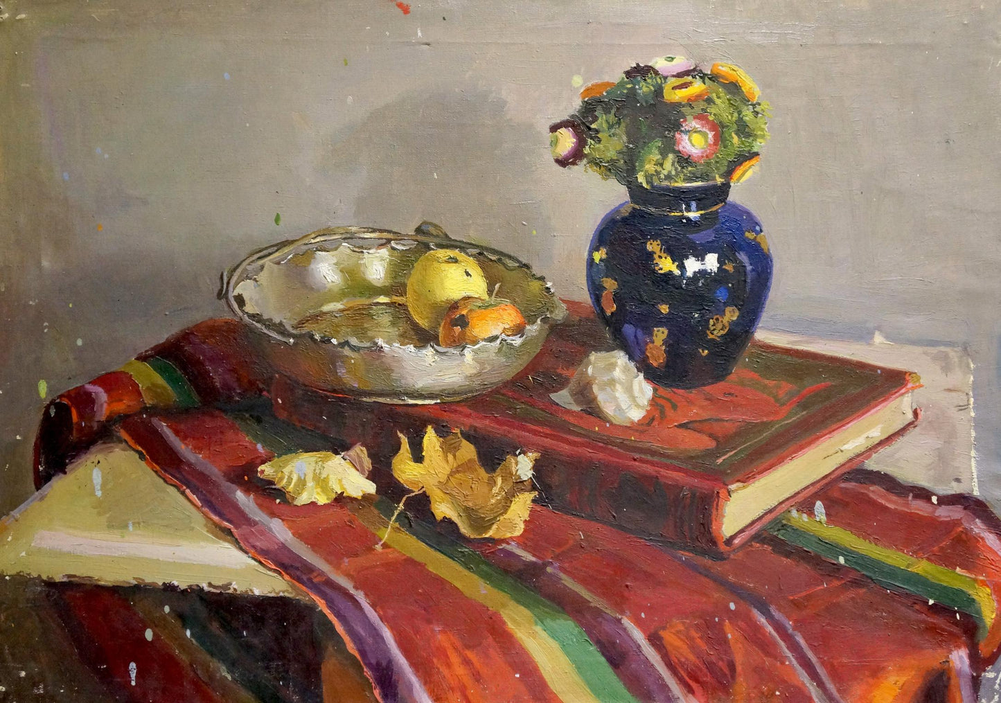 Oil painting of vibrant blue ceramic vase with gold speckles and colorful flowers by Volkov Efim Efimovich