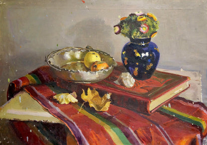 Oil painting of vibrant blue ceramic vase with gold speckles and colorful flowers by Volkov Efim Efimovich