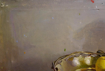 Oil painting by Volkov Efim Efimovich: golden bowl with yellow lemon