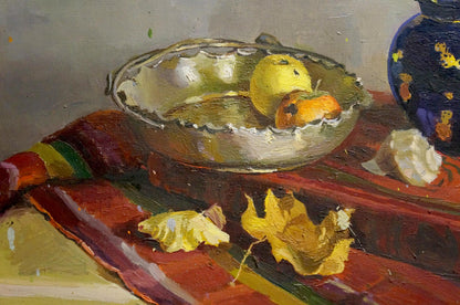 Oil painting by Volkov Efim Efimovich: silver bowl with yellow pear and orange
