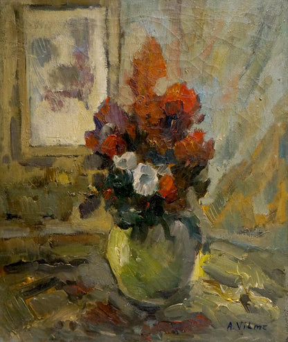 Oil painting Flowers A. Filme: vibrant orange, white, purple flowers in green vase
