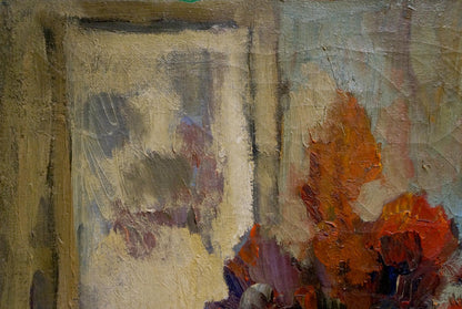 Oil painting Flowers A. Filme textured portrait with orange-red flowers