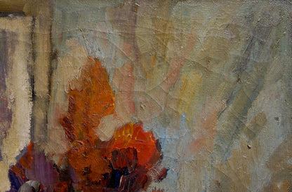 Oil painting Flowers A. Filme with bold orange red brushstrokes on gray beige background