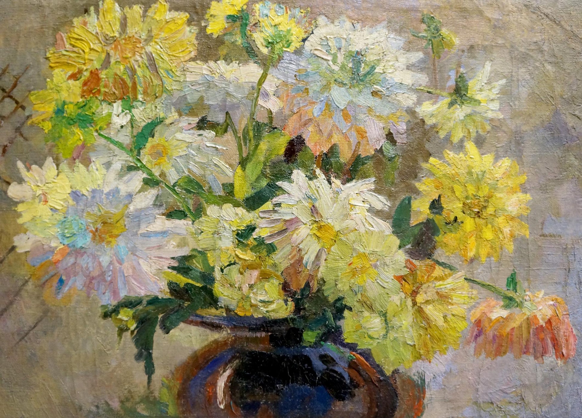 Oil painting of vibrant yellow and white daisies in glossy vase
