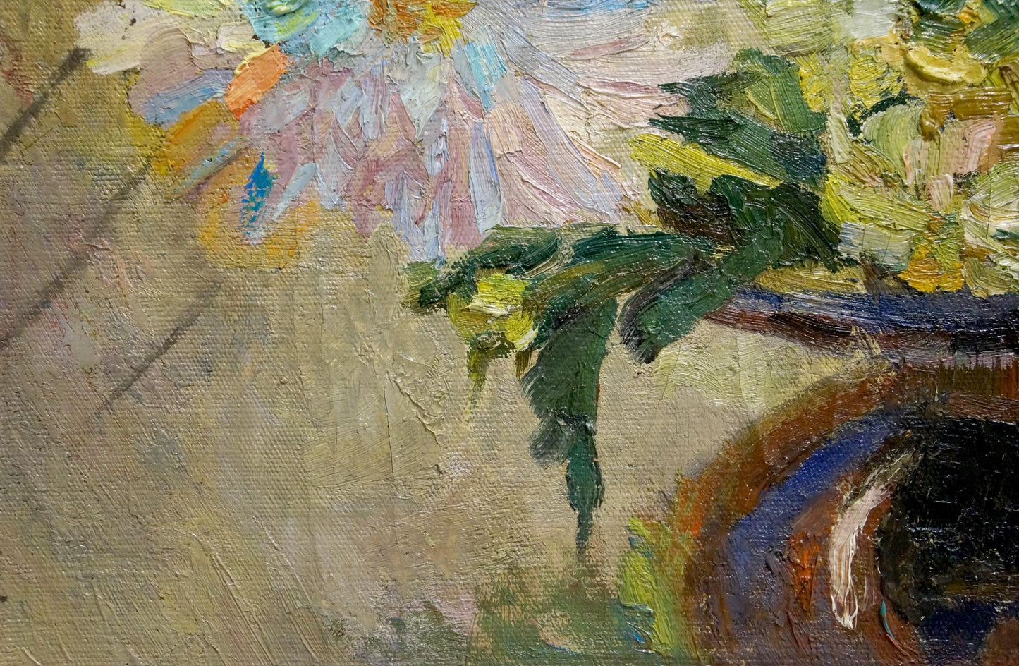 Oil painting Daisies: vibrant impressionistic flower arrangement in rustic ceramic vase