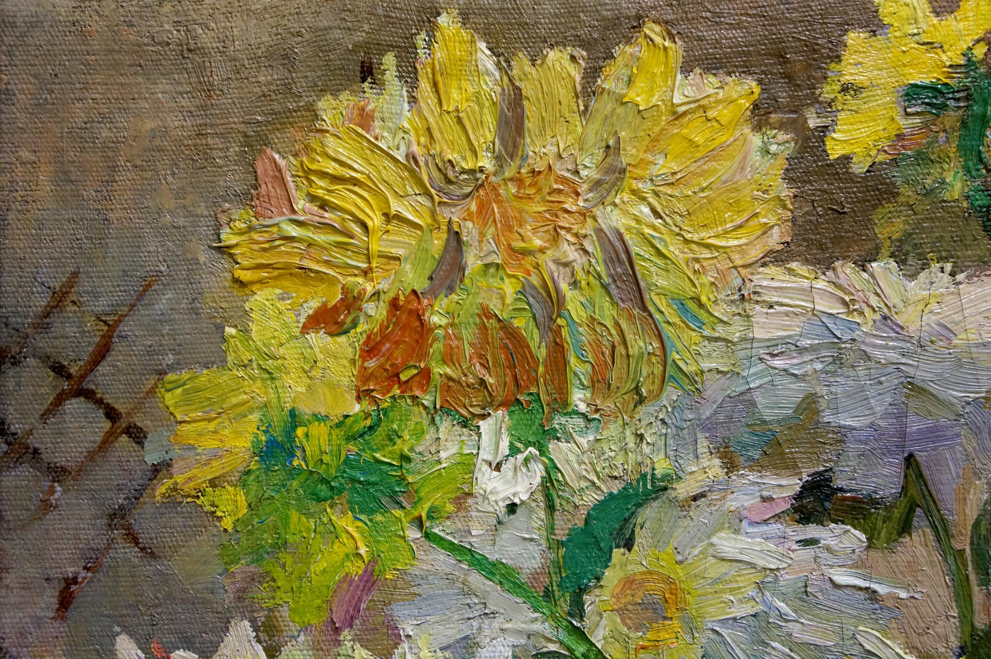 Vibrant yellow daffodil oil painting in impressionistic style with textured brushstrokes
