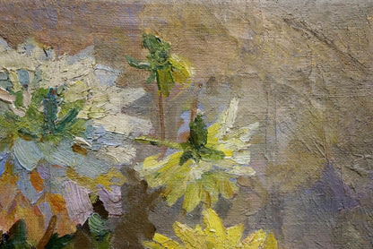 Oil painting Daisies: textured impasto yellow white flowers green centers